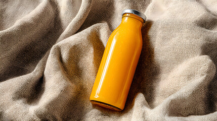 A vibrant orange water bottle on a beige fabric background
