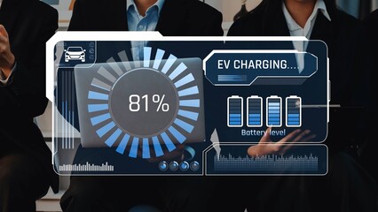 This image showcases a digital interface displaying the charging progress of an electric vehicle,...