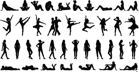 Female silhouette poses, sitting, standing, dancing, walking, jumping, relaxing, artistic reference, black figures, body language, gray background