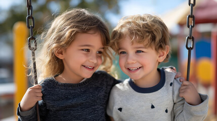 Two children swing side by side on a playground swing set, sharing secrets and laughter, their carefree spirits exemplifying the essence of childhood joy in a vibrant setting. cinematic color