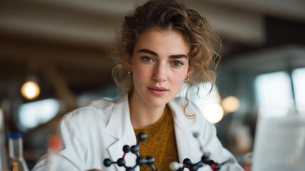 An innovative engineer in a high-tech workspace uses a molecular model kit to create new compounds, illustrating the creative process behind molecular engineering and scientific discovery.