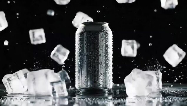 Refreshing cold beverage can condensation droplets splashing ice cubes in motion dark background