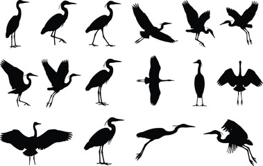 Heron silhouettes, flying heron, standing heron, bird poses, graceful movement, wildlife art, elegant birds, black silhouettes, nature illustration