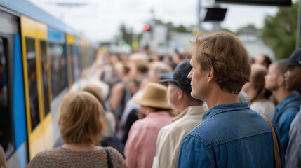 Crowded train platform with passengers rushing to board, busy commuters, urban stress, packed public transport, fast paced lifestyle, daily commute reality and metropolitan movement atmosphere