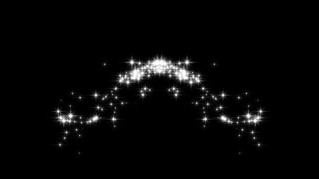 Glowing white glitter sparkles trail with twinkle stars shine animation, magic dust pixie path, fairy sparkle burst, retro doodle stars and shimmering particle motion design on black screen in 4K.