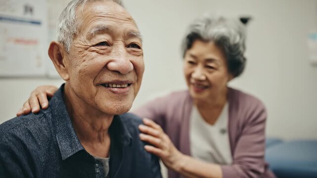 Asian senior couple in hospital. Worried husband with supportive wife awaiting medical test results. Healthcare, aging, love, compassion, care concept. Hopeful outlook.
