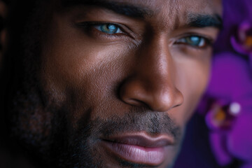 Obraz premium Man with blue eyes and flowers, close up, indoors, bright light