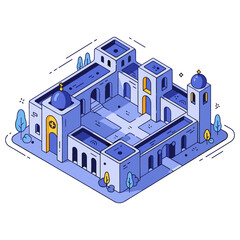 Fototapeta premium Isometric blue architectural courtyard with towers and trees. No editable stroke