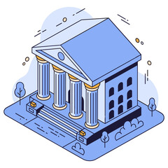 Fototapeta premium Blue isometric schema of classical building with columns and steps. No editable stroke