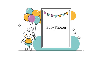 Obraz premium Baby shower invitation template features a cute infant holding a bunch of colorful balloons next to a blank white frame with festive bunting flags.