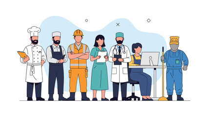 Diverse group of professionals including a chef, mechanic, doctor, and office worker stand together to represent teamwork across various careers.