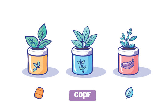 A charming illustration presents three potted plants with vibrant green leaves, each in a container of a different color, alongside a carrot and a single leaf, all in a clean, cartoon style.