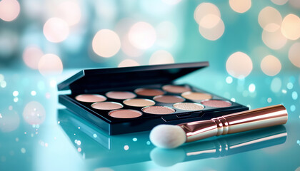 Makeup palette featuring earthy tones with a professional brush. Neutral shades include beige, brown, peach, pink, and blue hues