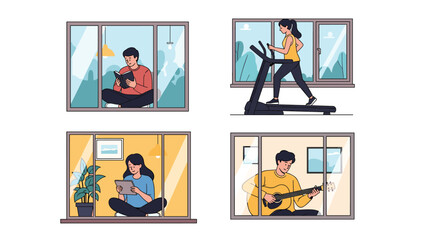 Fototapeta premium Lifestyle illustrations show different people viewed through windows as they read books, run on a treadmill, use a tablet, or play the guitar.