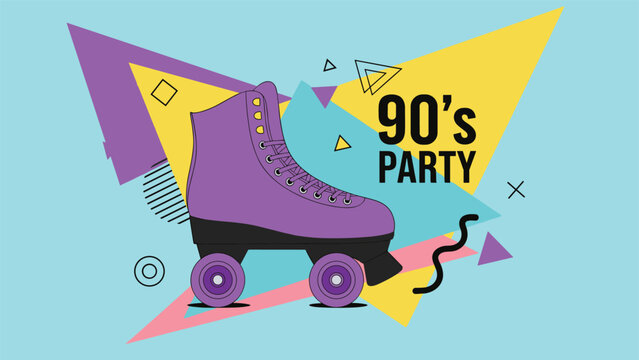 Retro 90s party poster features a purple roller skate against a colorful background with geometric shapes like triangles and squiggles in neon.