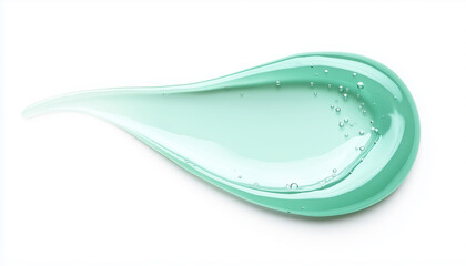 Clear light green cosmetic gel smear on white background. Liquid substance forms flowing texture. Isolated macro view