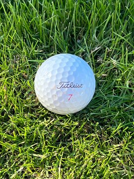 Seattle WA - January 9 2026 - A Titleist golf ball rests on green grass
