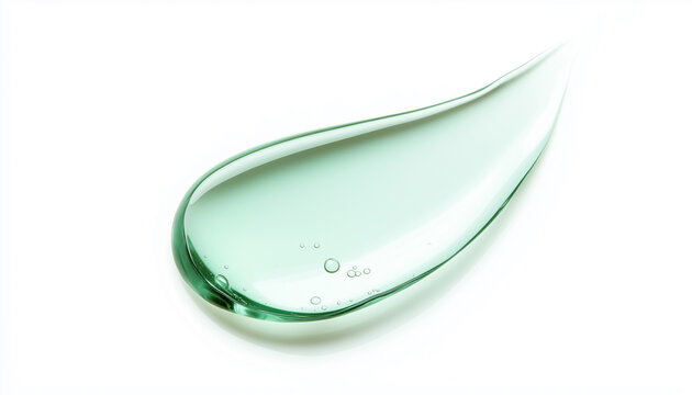 Clear light green cosmetic gel smear on white background. Liquid substance forms flowing texture. Isolated macro view