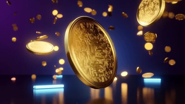 Rotating 3D gold coin with crypto circuit pattern and falling digital coins on reflective surface with neon blue and purple lights