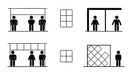 Various people standing in different architectural spaces