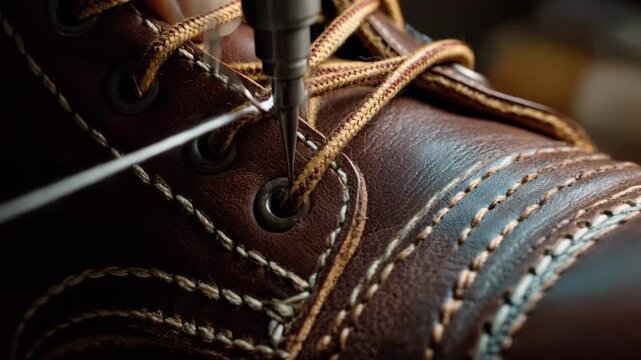Closeup of artisan handstitching leather boots to reinforce weak seams showcasing precision and craftsmanship in durable footwear repair. - Powered by Adobe