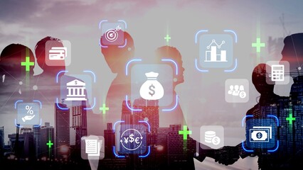 Business Partnership and Finance Concept with Silhouettes, Graphs, Currency Icons and Cityscape Background for Stock Photo Usage Gluon.