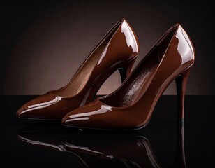 Elegant brown high heel shoes on dark background