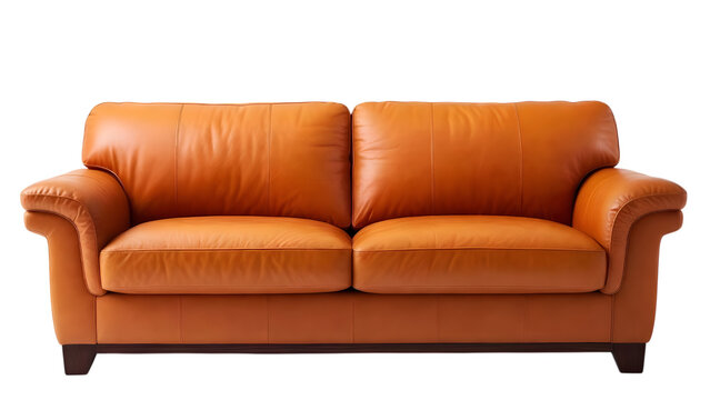 Modern Bright Orange Leather Sofa Isolated on Transparent