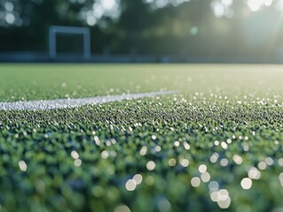 Close-up of soccer field with bright sunlight causing lens flare.