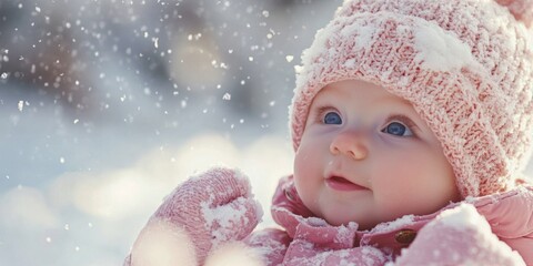 A baby wearing a pink hat and a pink coat. The baby is smiling