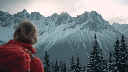 Outdoor Advertising Scene of Woman Hiking Snowy Mountains in Red Jacket