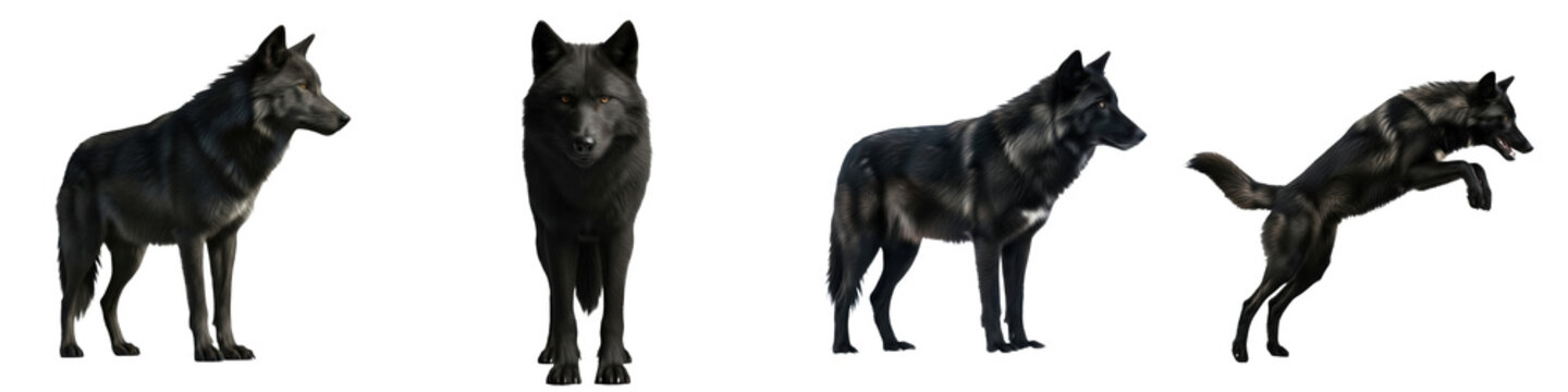 majestic black wolf set, isolated wild timber wolf collection, realistic predator in standing hunting and jumping poses on white background, png
