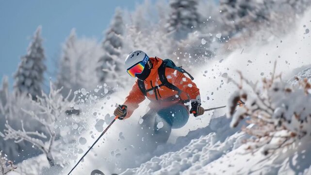 Action Freeze Frame of Skier Jumping Mid-Air in orange Jacket