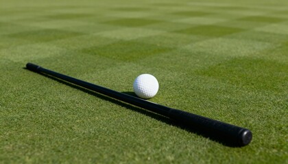 A golf ball and alignment stick on a putting green. Golf practice and training for precision putting. Close-up of sports equipment on a manicured grass course