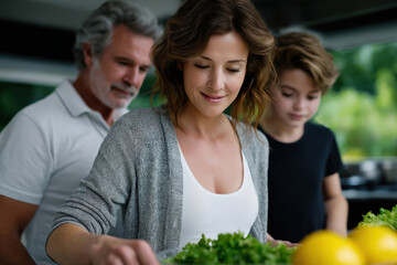 Family prepares salad in kitchen with fresh vegetables and smiles