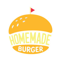 Homemade burger logo icon, yellow bun with flag and custom typography, minimalist food branding isolated on white background