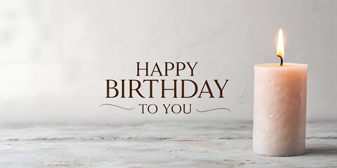 “HAPPY BIRTHDAY TO YOU” minimal text with a single glowing candle above the letters, soft neutral background, elegant and modern composition, subtle festive mood