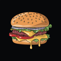 Gourmet cheeseburger illustration with melting cheese, lettuce, tomato, and onion