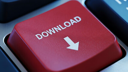 Close-up of red download button on computer keyboard with white text