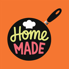 Homemade cooking logo with frying pan, chef hat and script typography on orange background