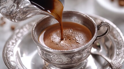 Close-up of hot chocolate in a silver cup