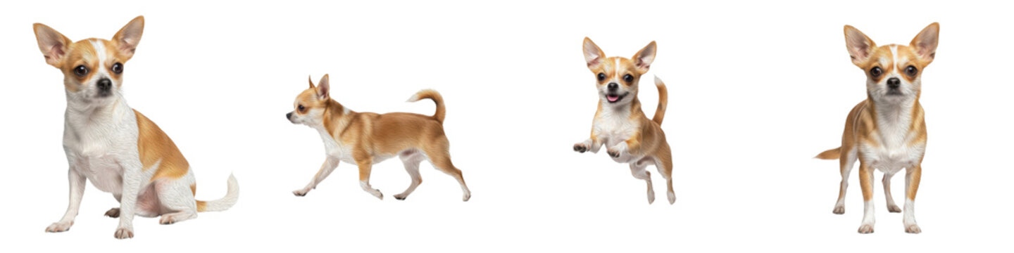 cute chihuahua dog set, isolated brown and white small breed puppy collection, realistic chihuahua in sitting walking and jumping poses on white, png