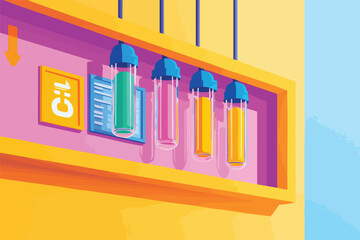 An illustrated view depicts colorful test tubes containing liquids displayed on a shelf with an orange border, suggesting a science or laboratory setting with vibrant hues.