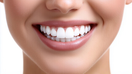 Obraz premium Beautiful smile young woman. White teeth on white background