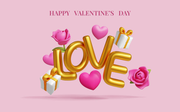 Gold love lettering with hearts, gifts fbd roses symbol 3d rendering