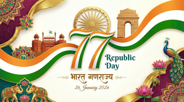 India Republic day background/poster with minimalistic patriotic themed elements, Happy 77th Republic day