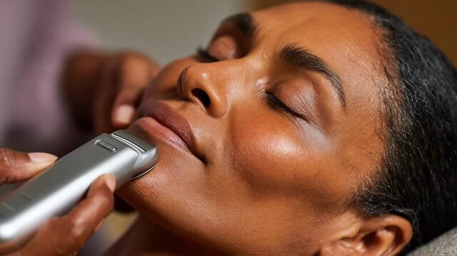 Medium shot capturing the use of a sleek metal gua sha tool applying precise upward strokes on the face to boost microcirculation and tighten skin texture.
