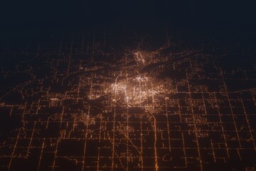 Aerial shot on Bismarck (North Dakota, USA) at night, view from east. Imitation of satellite view...