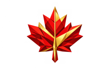 Glistening ruby red and gold maple leaf logo depicting canadian heritage and polygonal jewel design