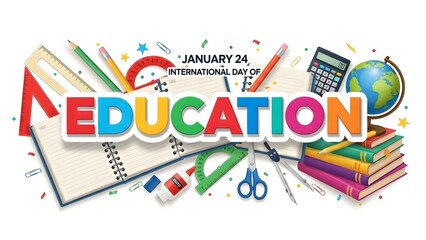 Celebrating International Education Day: A vibrant composition of educational tools and elements forms a colorful banner, celebrating knowledge and learning.